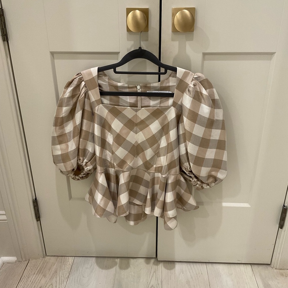 Hunter Bell Tan and Cream Checkered Blouse